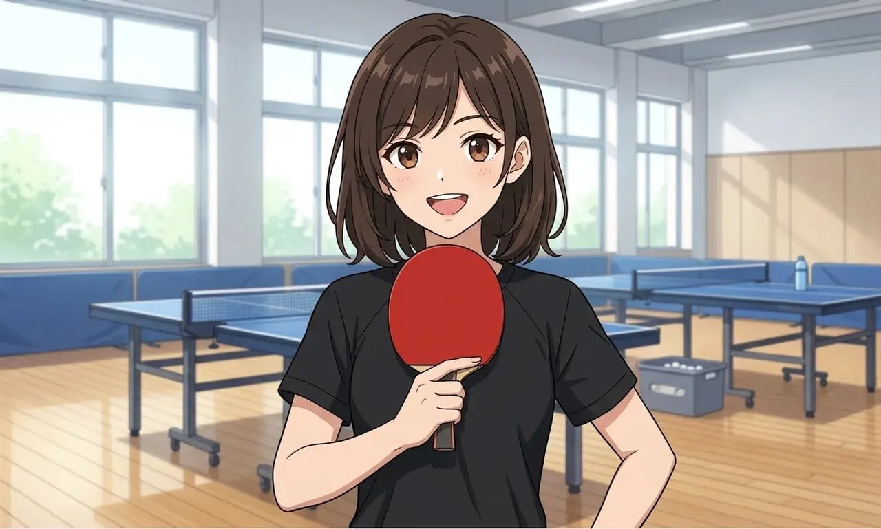 テンションラバーを構えて見せる女性
