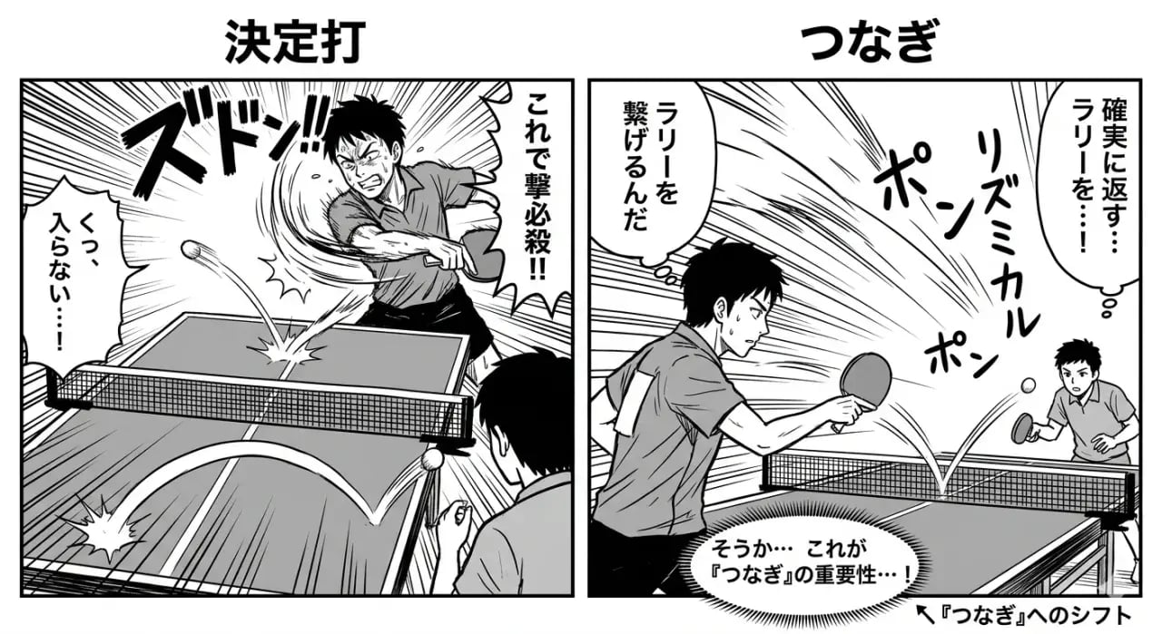 強打だけに頼らずラリーを組み立てる中級卓球選手