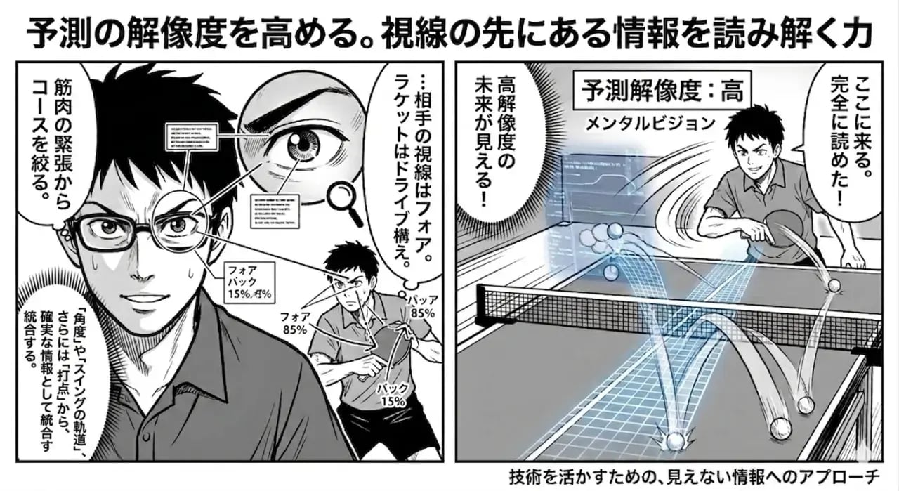 相手の姿勢とラケット面から返球を予測する卓球選手