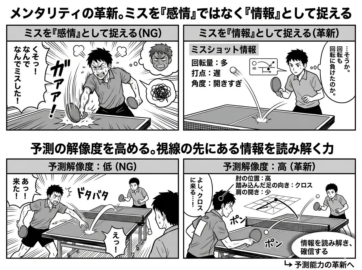 試合中のミスを振り返り次の一球へ備える卓球選手