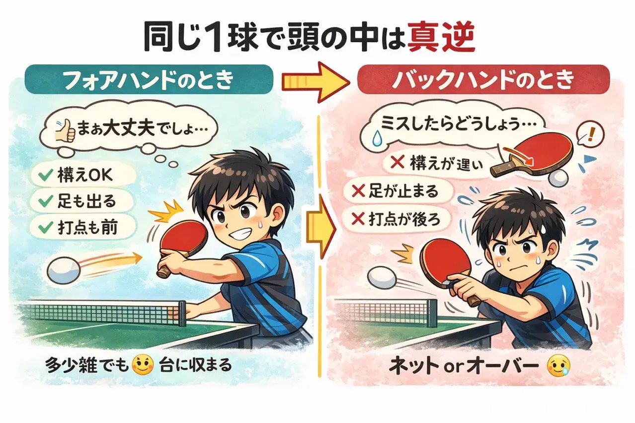 バックハンドの打球姿勢を確認する卓球選手