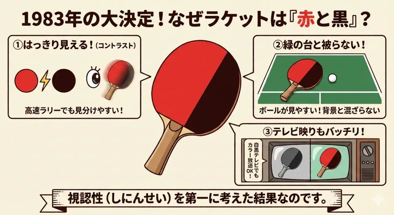 緑の卓球台の上で赤と黒に分かれたラバーを貼ったラケットを構える選手のイメージ