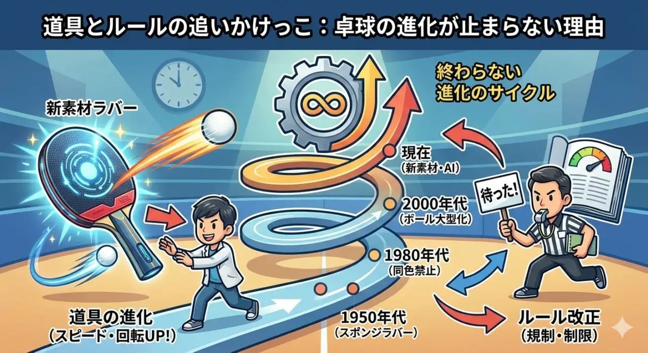 赤と黒のラバーを貼ったラケットと卓球ボールを並べた用具のイメージ