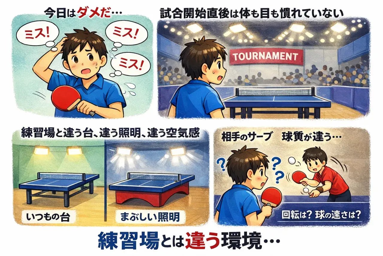 試合序盤のミスから気持ちを立て直す卓球選手