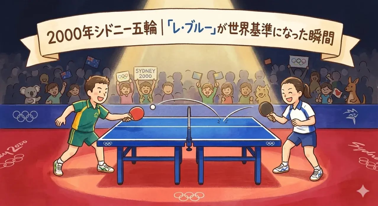 青い卓球台と赤い床の国際大会のイメージ
