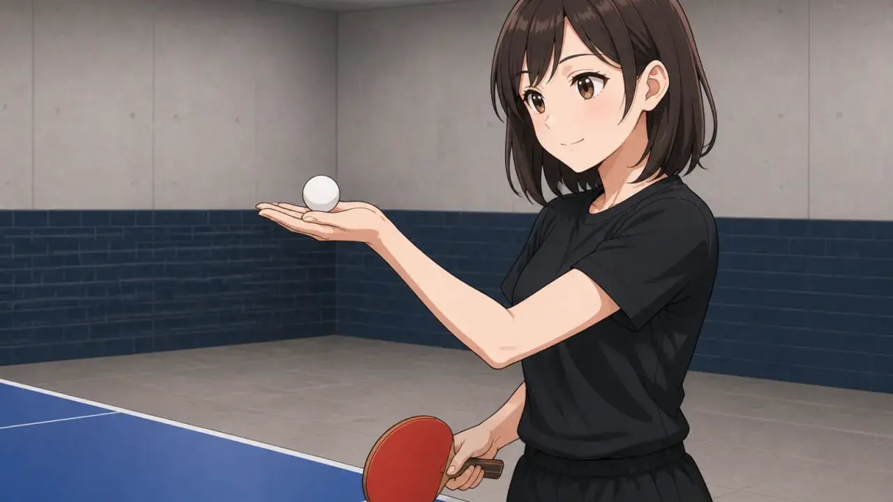 手のひらにボールを乗せてサーブの構えに入る卓球選手