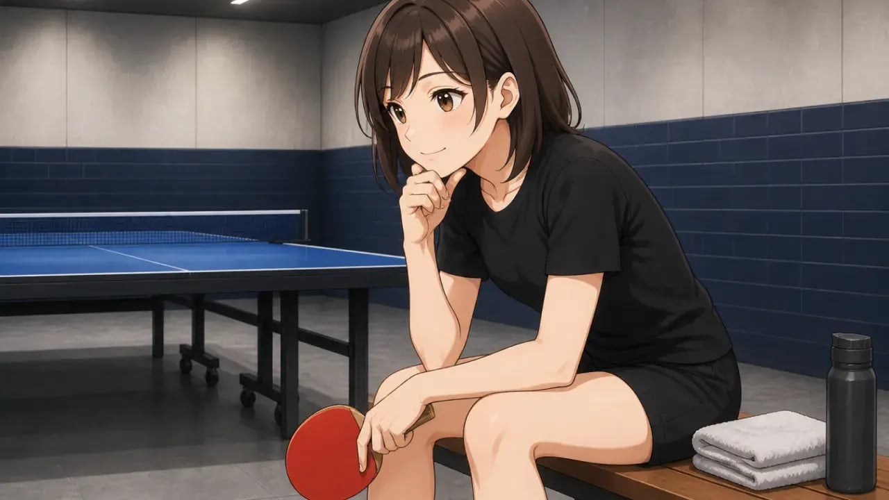 ベンチに座り戦術を練る卓球選手