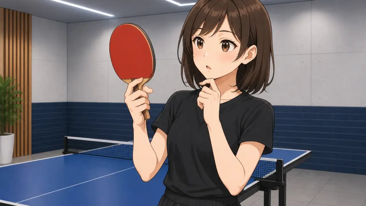 卓球初心者がラケットのラバー面をじっくりと見つめて吟味している様子