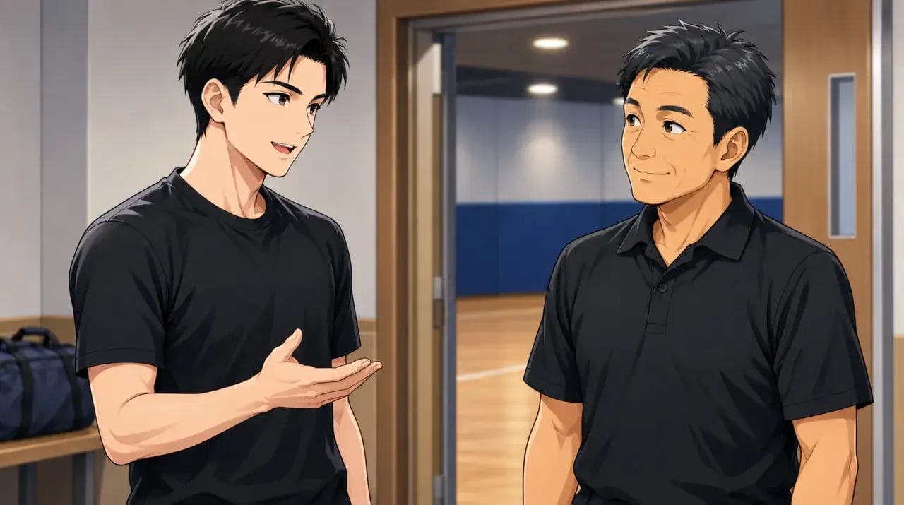 練習前に向かい合って会話する若い男性と年配の男性