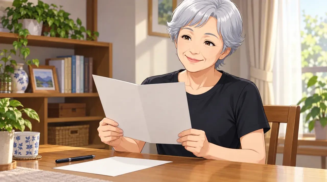 自宅の机で二つ折りの用紙を両手に持って読むシニア女性