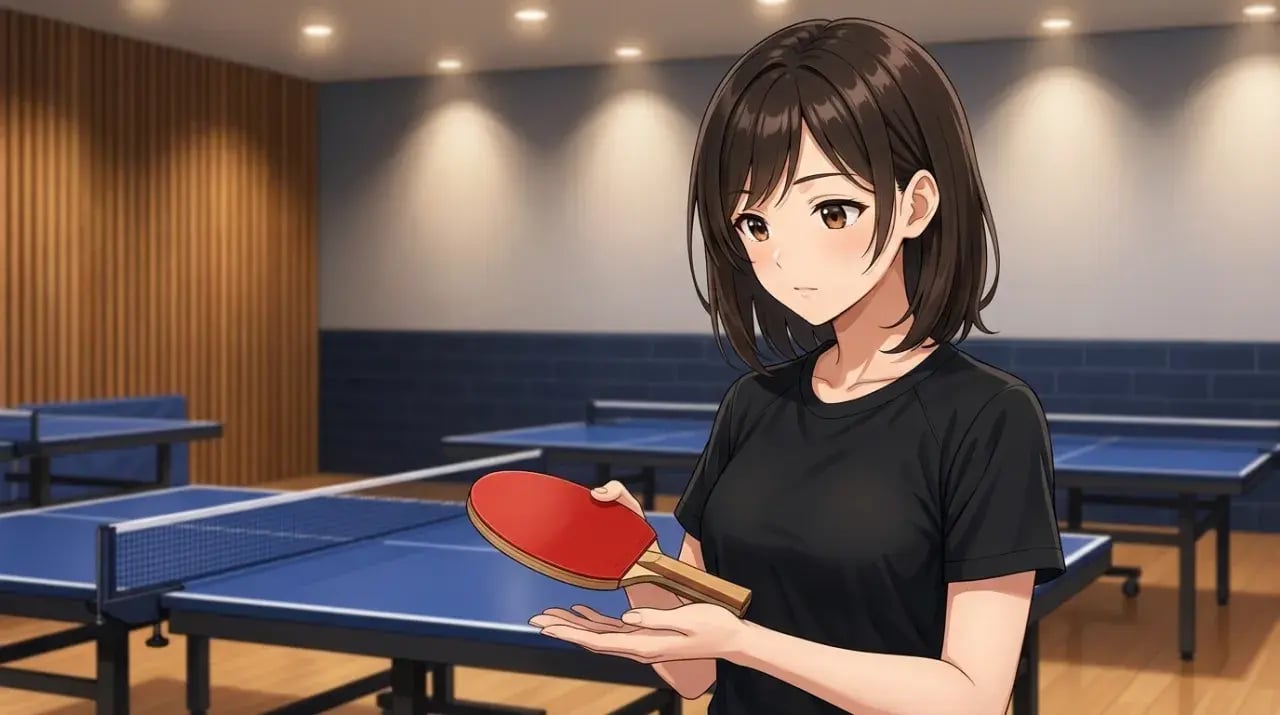卓球場でラケットを手のひらに載せ、ラバーを貼った状態の重さを確かめる女性プレーヤーのイラスト