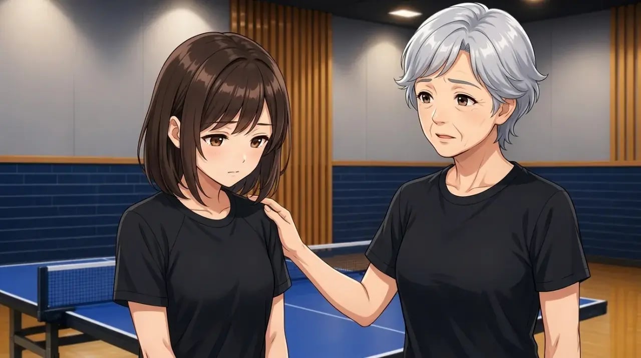 卓球場でシニア女性がうつむく若い選手にそっと手を添えるイラスト