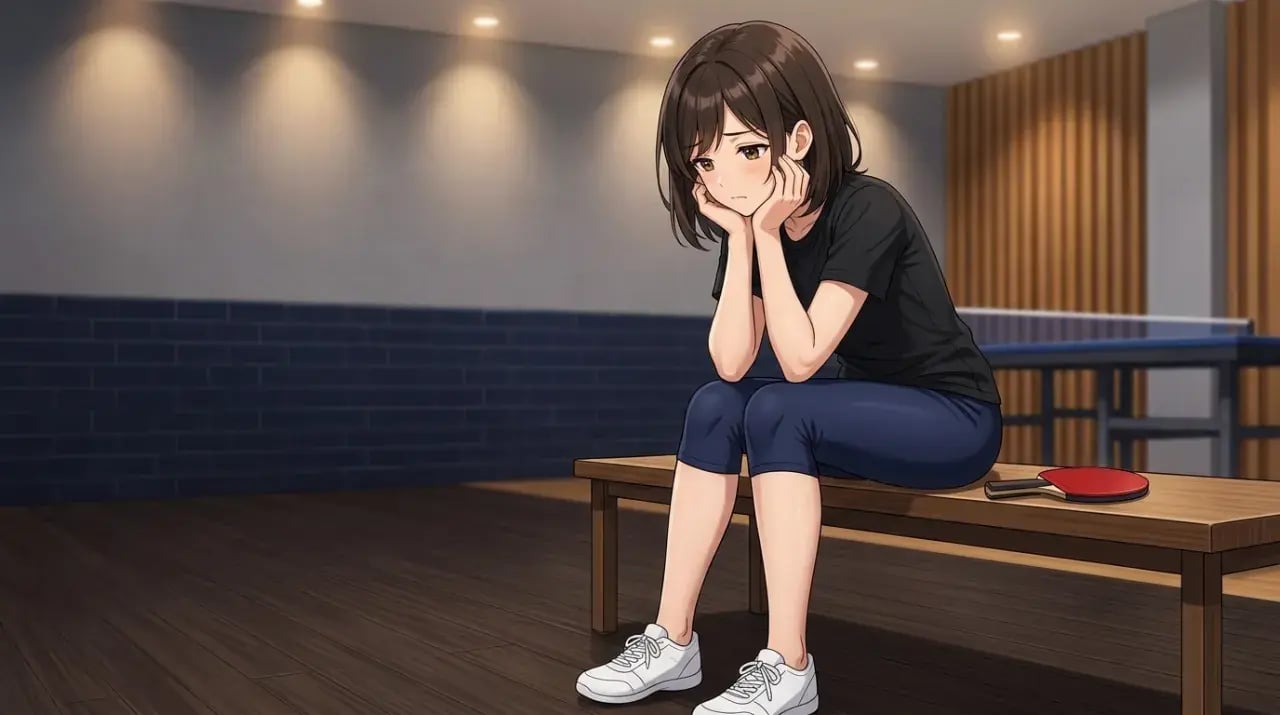 卓球場のベンチで一人うつむき肘を膝に置く女子選手のイラスト