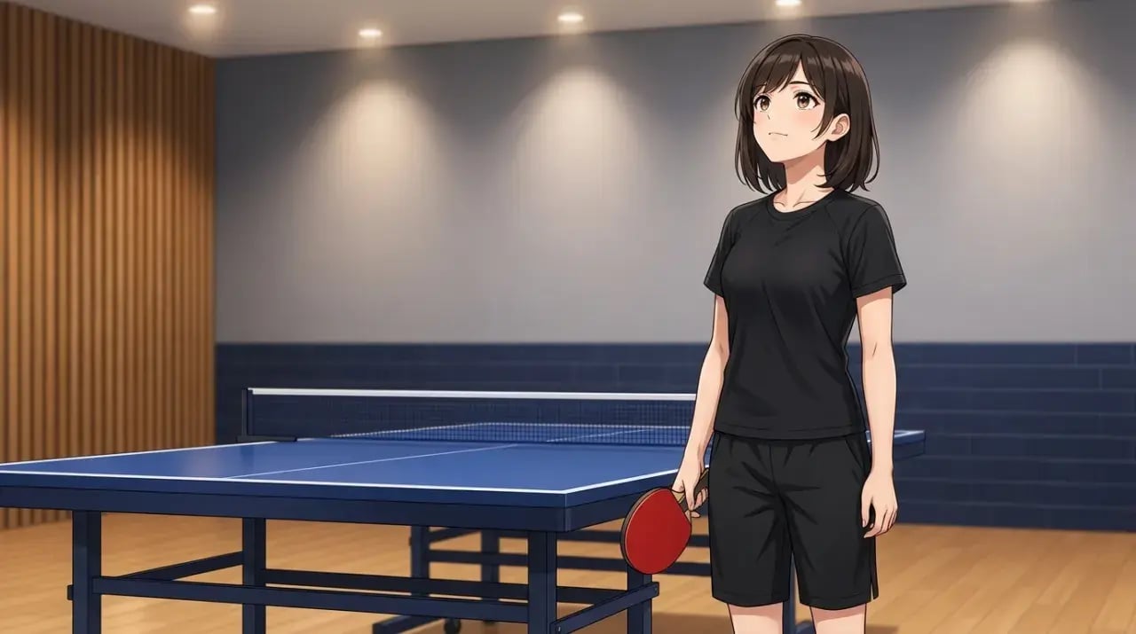 卓球台のそばで穏やかに前を見つめる若い女性選手のイラスト