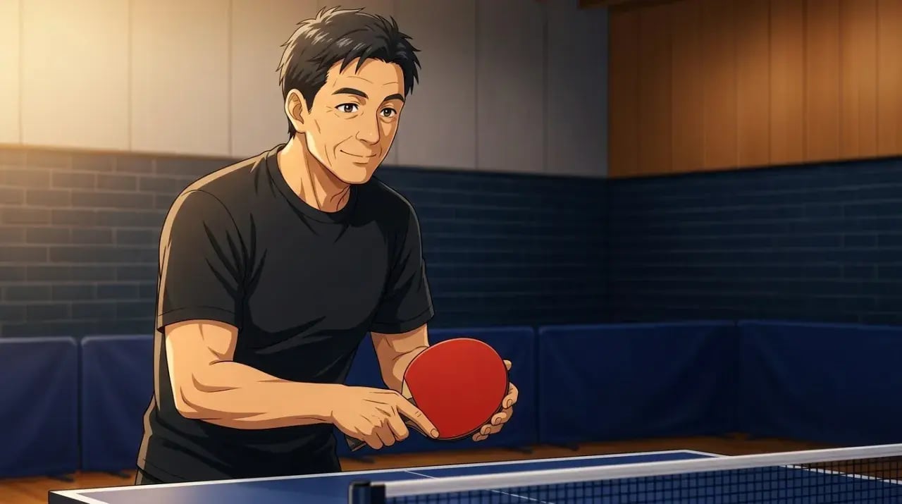 卓球台の前でラケットを下げ強打を控える冷静な選択をする男性選手のイラスト