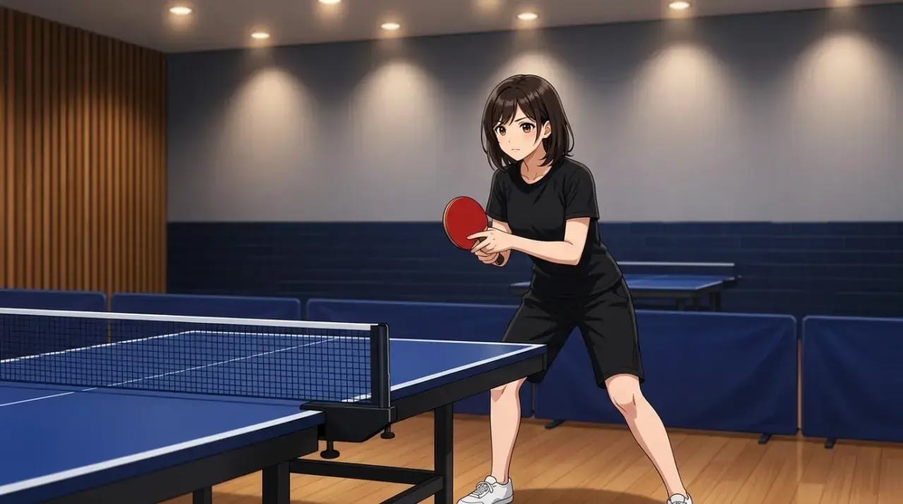 卓球台の前で低い構えを取り基礎練習に集中する中学生選手のイラスト