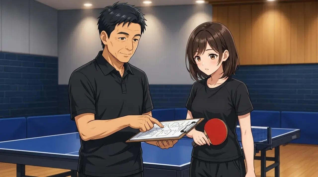 クリップボードを手に練習内容を話し合う卓球チームのイラスト