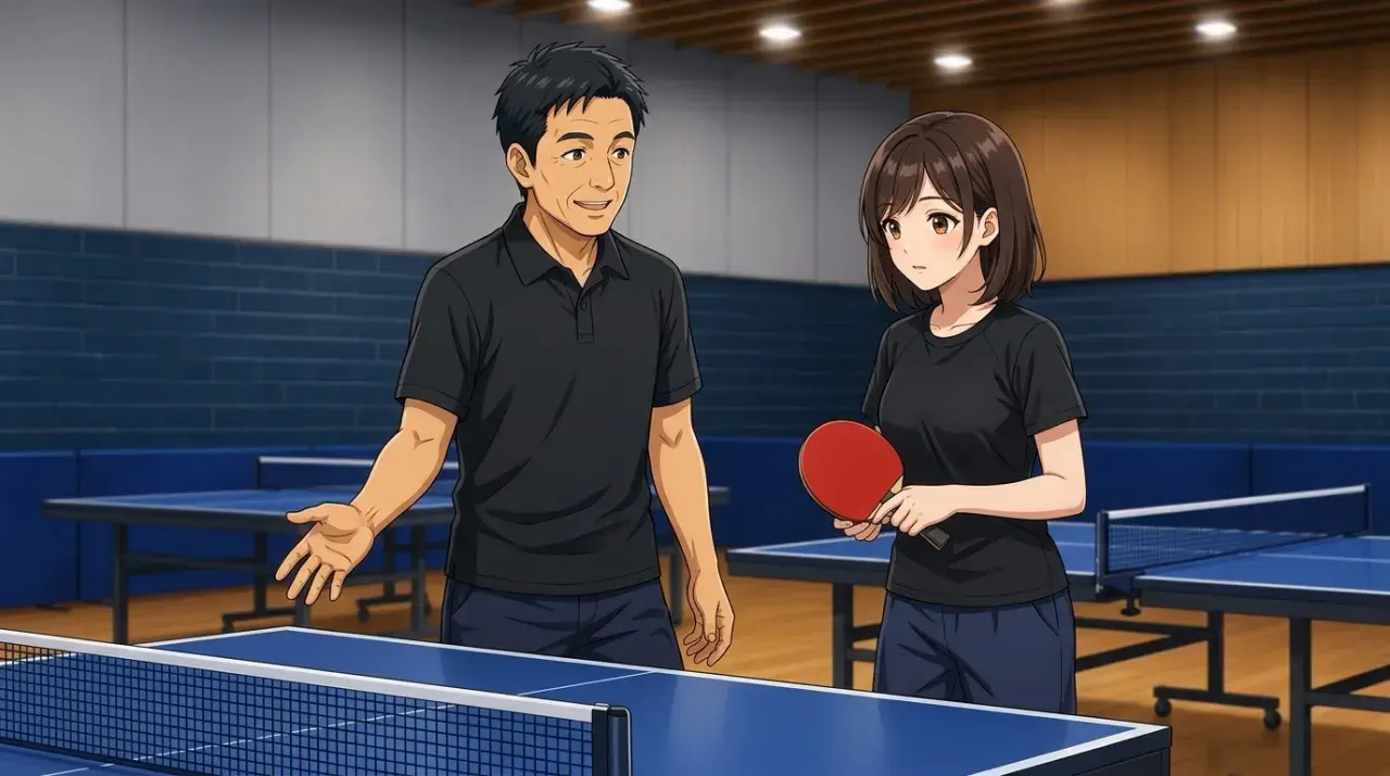 独立コーチが最初の生徒に対して指導する卓球場のイラスト