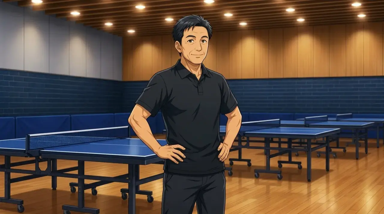 複数の卓球台が並ぶ自身の卓球場に佇むオーナーコーチのイラスト