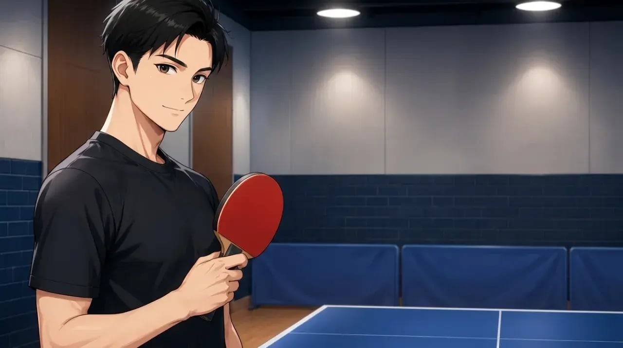 自分に合う厚さを選び終えて自信を持って構える男性選手のイラスト