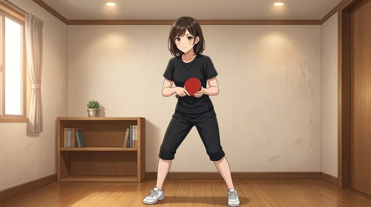 自宅の部屋で卓球の基本姿勢をとる選手のイラスト