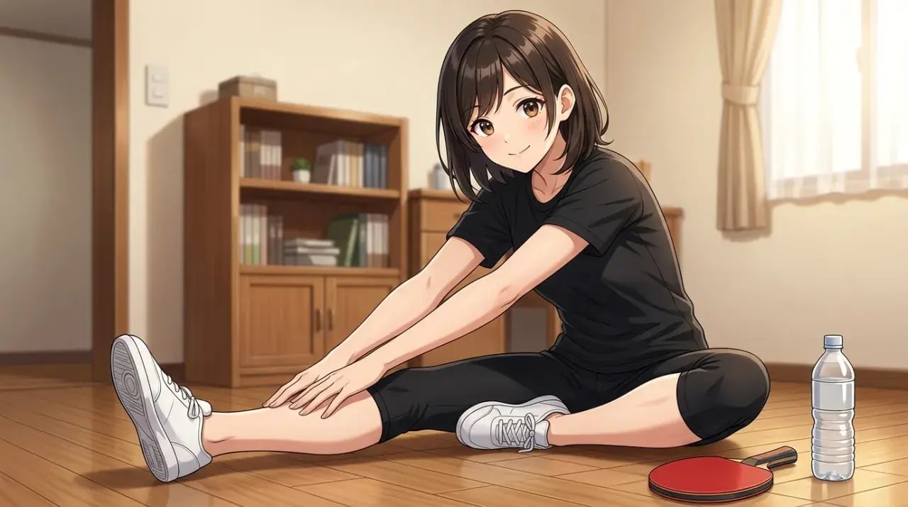 床でストレッチをして体をほぐす卓球選手のイラスト