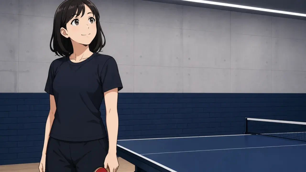 卓球場でラケットを手に自分のプレーを静かに振り返る選手のイラスト