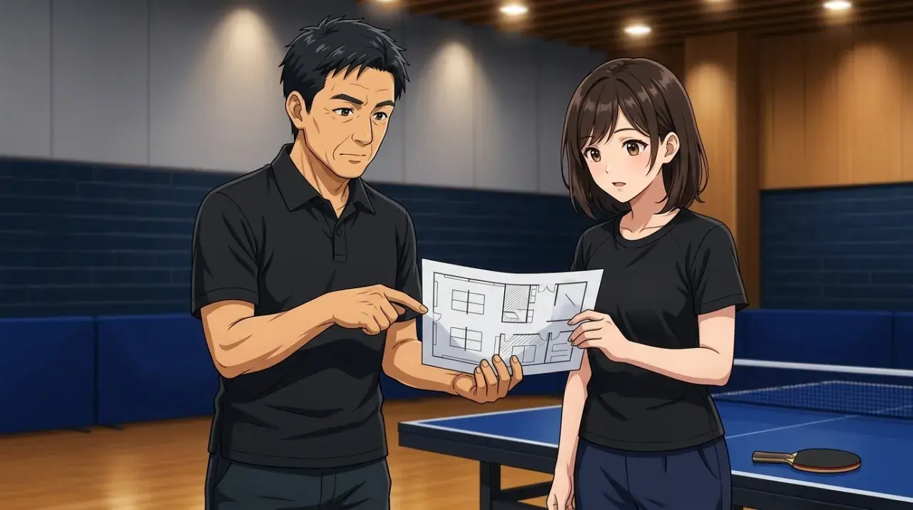 卓球場の設備配置を打ち合わせる元プレーヤーと若手スタッフのイラスト