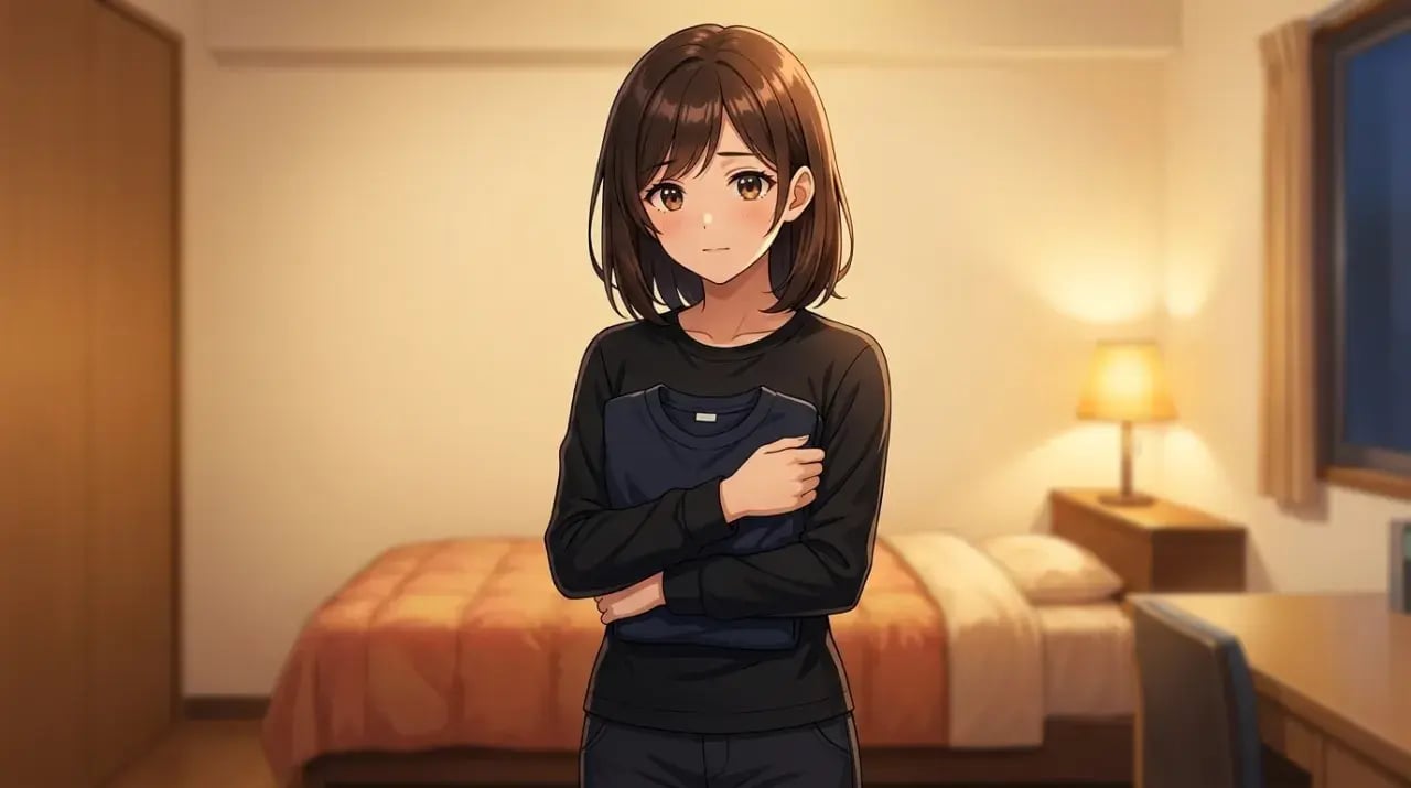 夜の寮の部屋で、たたんだ服を胸に抱えて不安げな表情を浮かべる女子生徒のイラスト