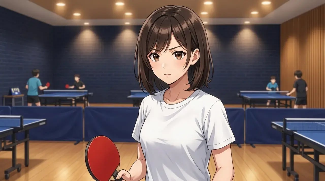 卓球台が並ぶ強豪校の練習場で構える女子中高生選手のイラスト