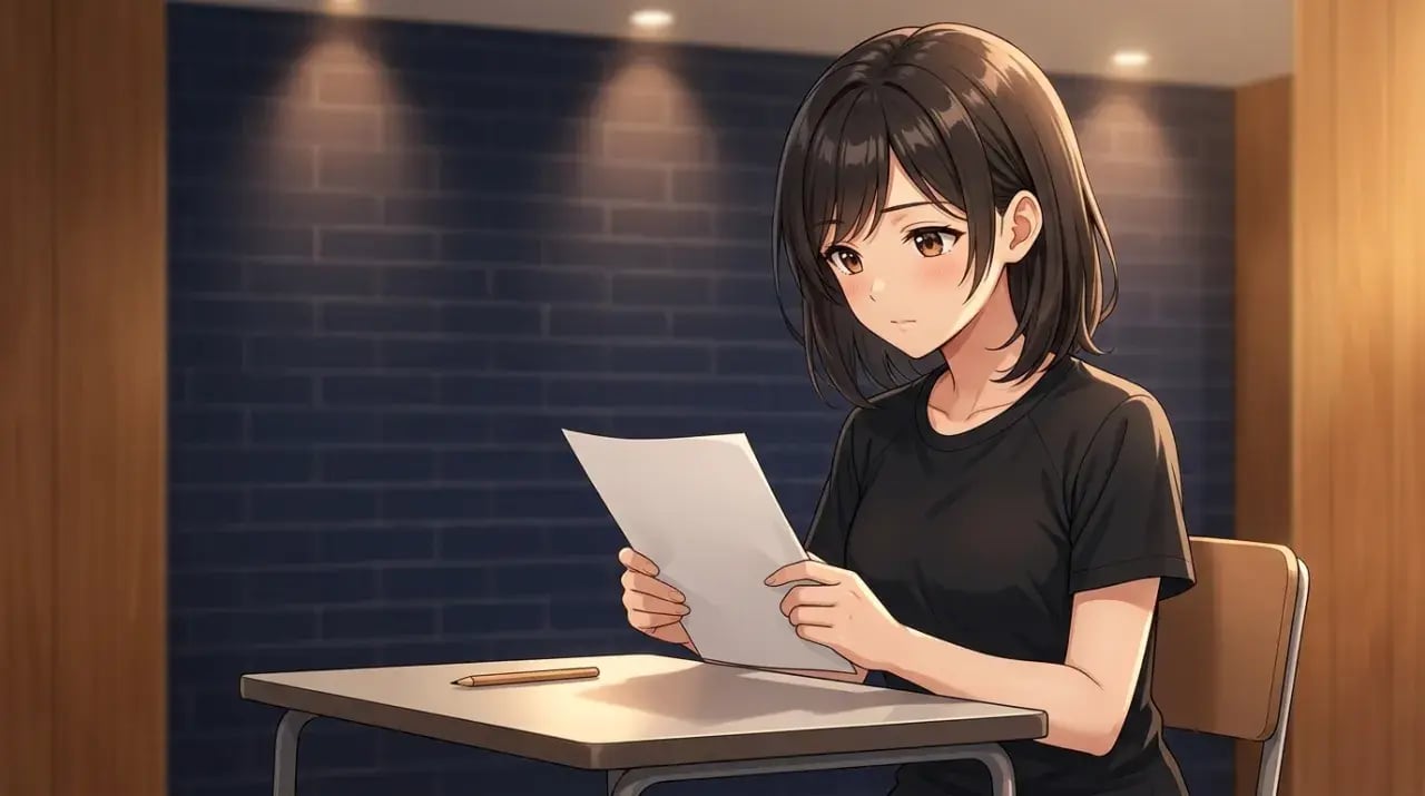 机に向かって座り、手に持った白紙の用紙を見つめる女子選手のイラスト