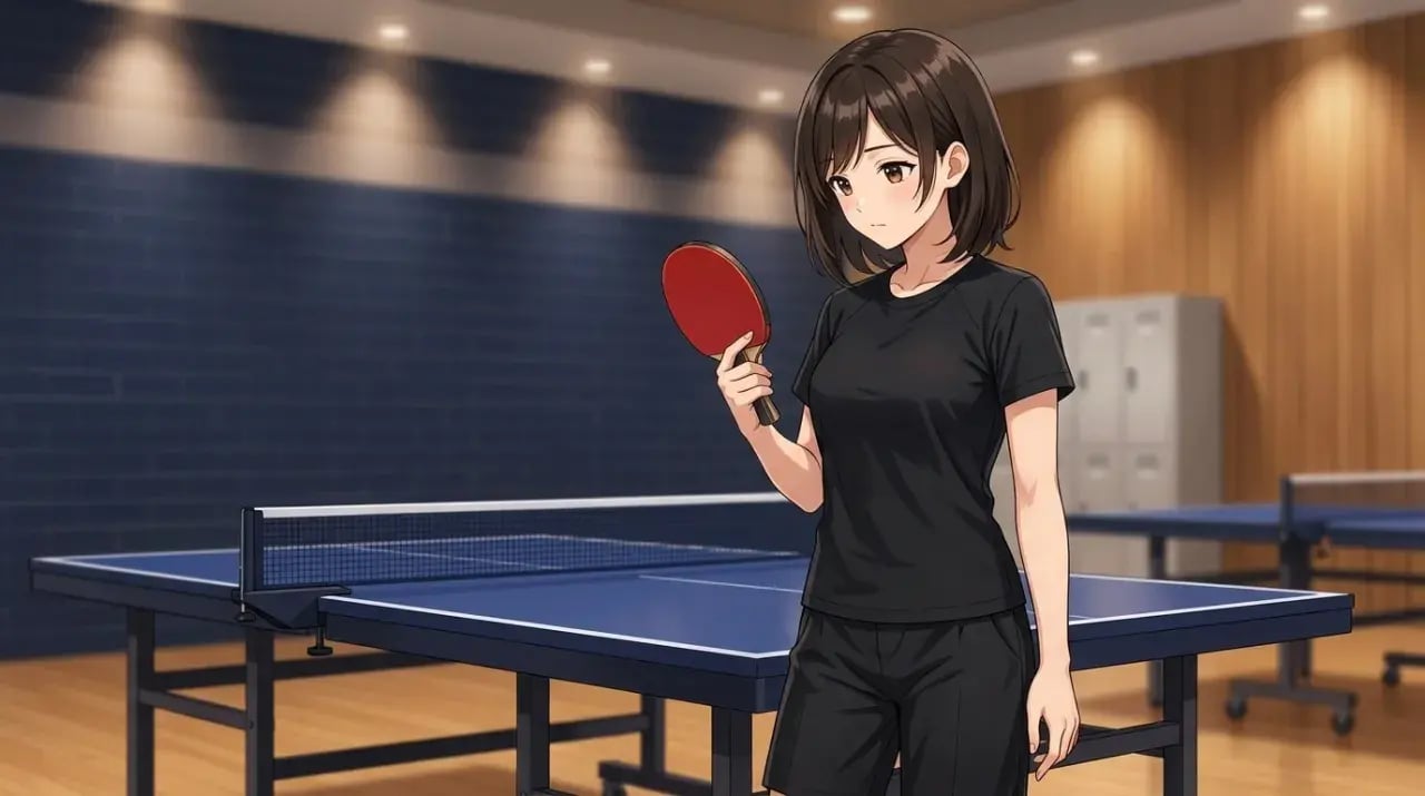 卓球場でシェークハンドラケットを持って手に馴染むか確かめる女性初心者のイラスト