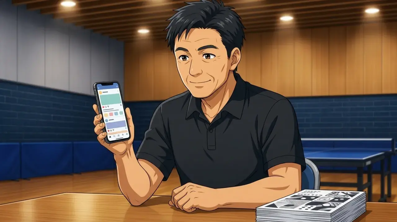 スマートフォンとチラシを見比べて集客プランを練る卓球教室オーナーのイラスト