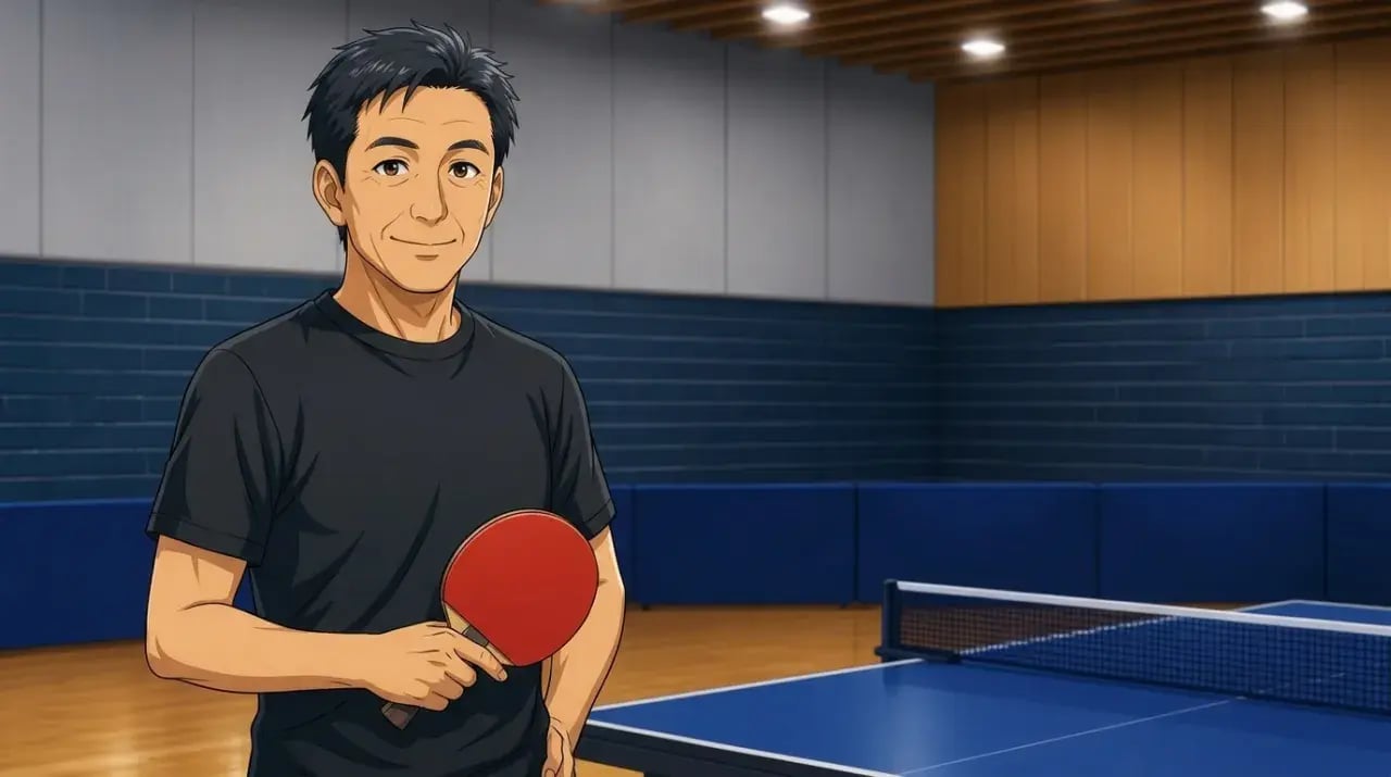 スマッシュを決めた後の落ち着いた表情の男性選手のイラスト