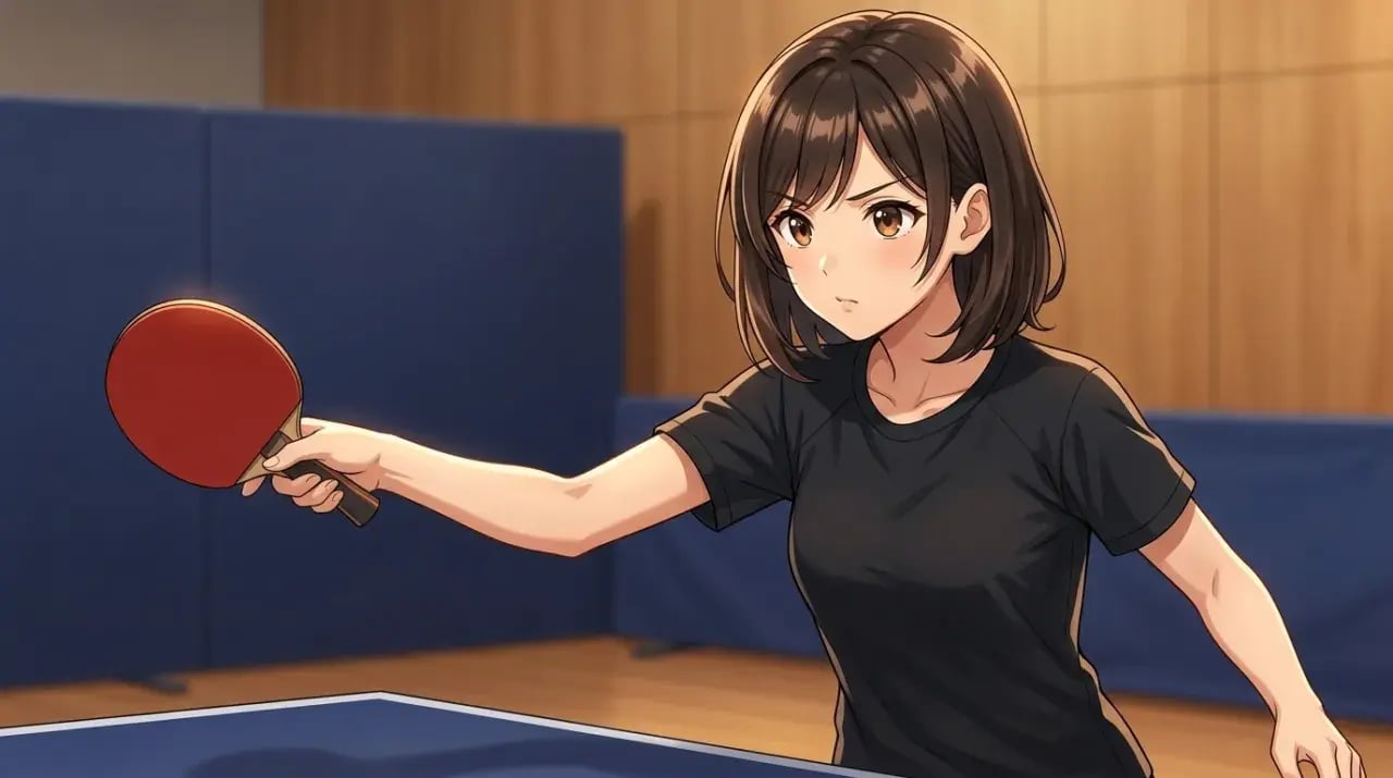 卓球台の横で素振りをするフォーム確認中の女性選手のイラスト