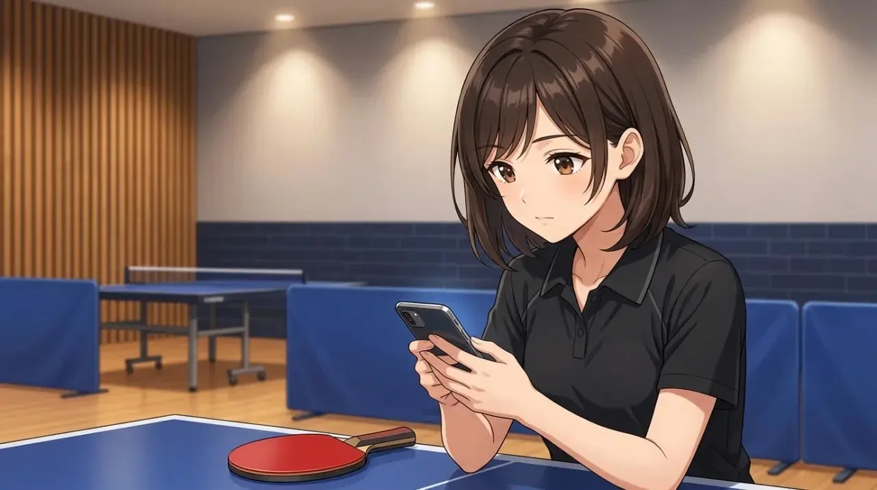 スマートフォンで自分のフォーム動画を確認する女性選手のイラスト