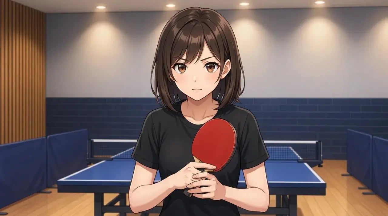 一人で卓球台に立ちフォームを確認する女性選手のイラスト