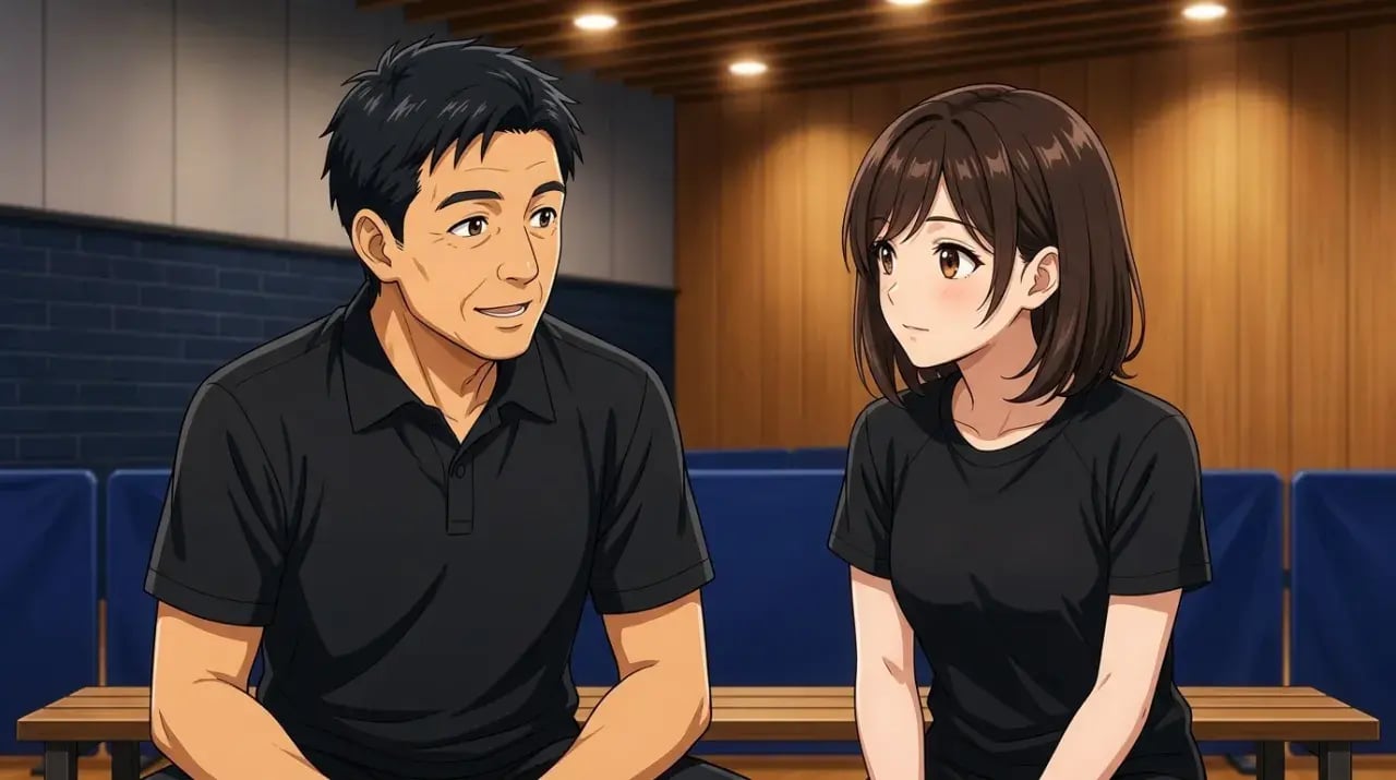 卓球場のベンチでチーム戦略を話し合う男性コーチと女性選手のイラスト