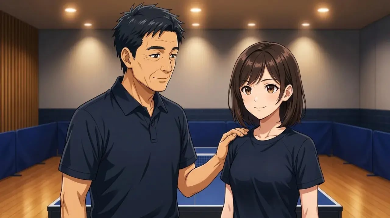 試合前に選手の肩に手を置いて励ます男性コーチと落ち着いた女性選手のイラスト