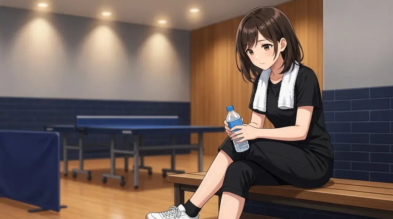 卓球場のベンチでタオルと水分補給をしながら休息をとる女性選手のイラスト