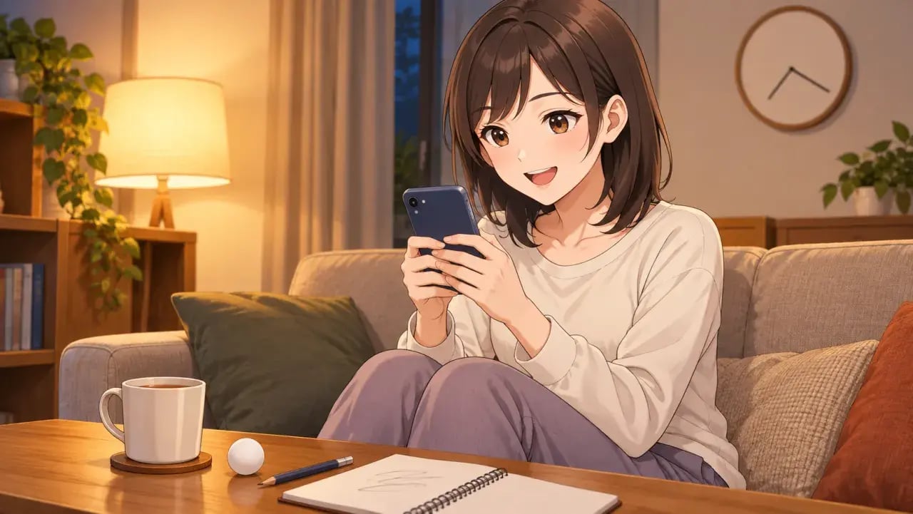 夜のリビングでソファに座り、スマートフォンで試合の予定を見ながら笑顔を見せる女性。テーブルにはマグカップとノート、卓球のボールが置かれている
