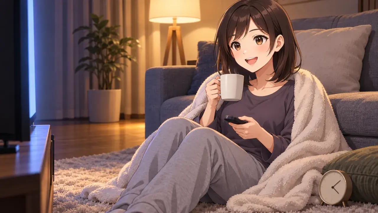 深夜の部屋で毛布にくるまって床に座り、マグカップとリモコンを手にテレビの方を向く女性。そばに目覚まし時計が置かれている