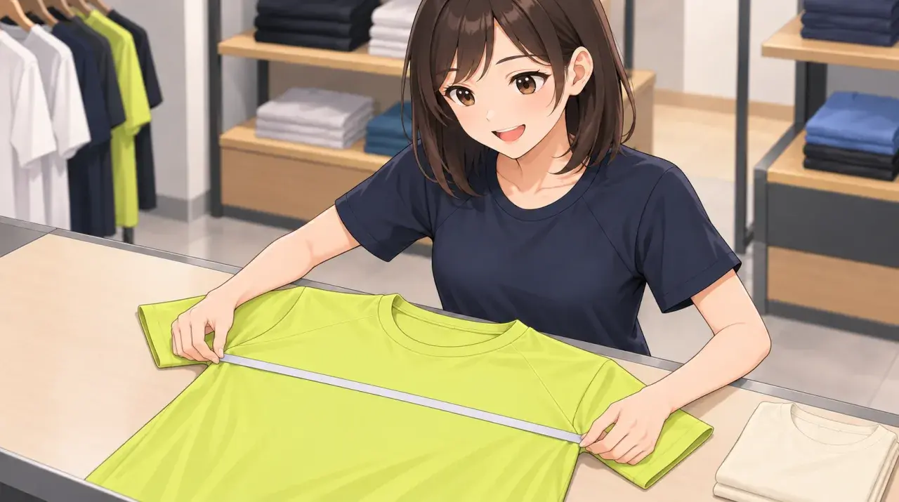 シャツの身幅を測って寸法を確認する女性