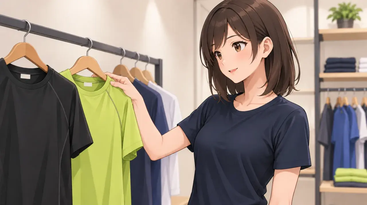 ラックに掛かった色違いのシャツを選ぶ女性