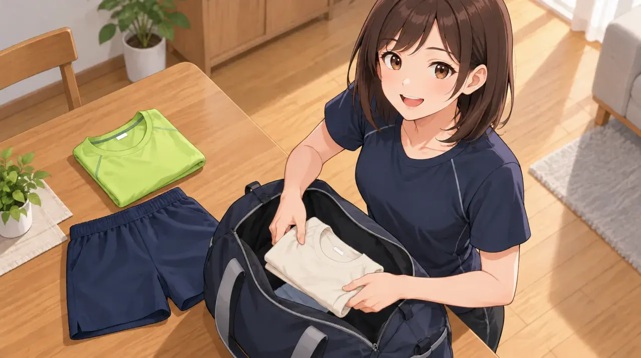 シャツとハーフパンツと予備のシャツをバッグへ用意する女性