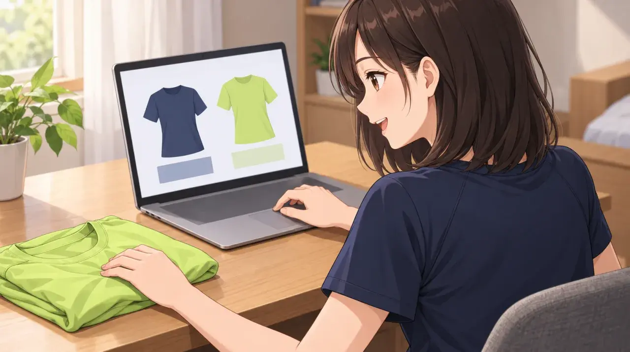 ノートパソコンと手元のシャツを見比べる女性