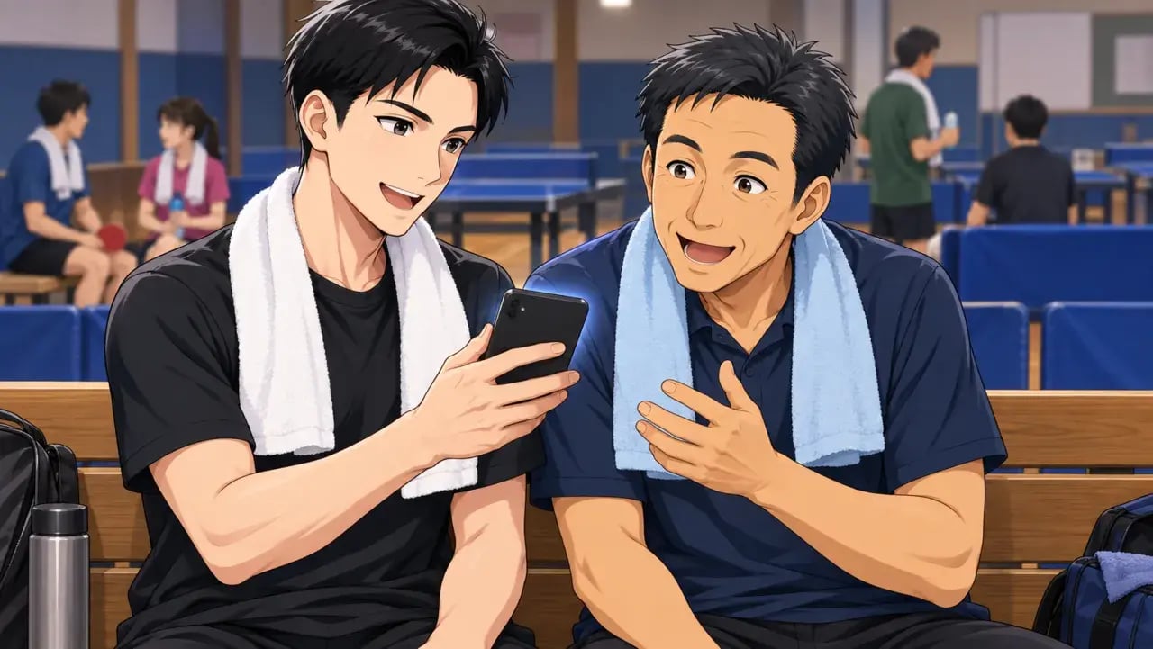 卓球場のベンチで、首にタオルをかけた若い男性がスマートフォンを見せ、隣の年上の男性が身を乗り出して笑顔で話している様子