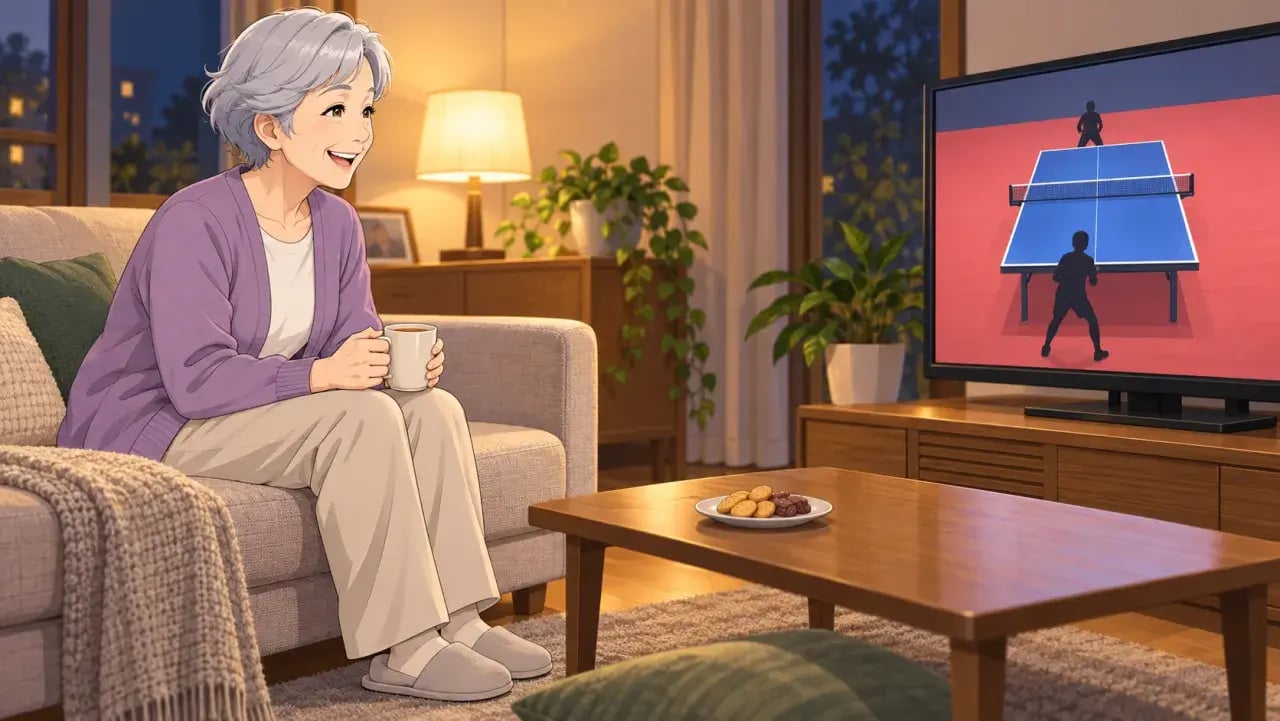 夕方のリビングでソファに座った白髪の女性が、マグカップを手にテレビの卓球中継を笑顔で見ている様子