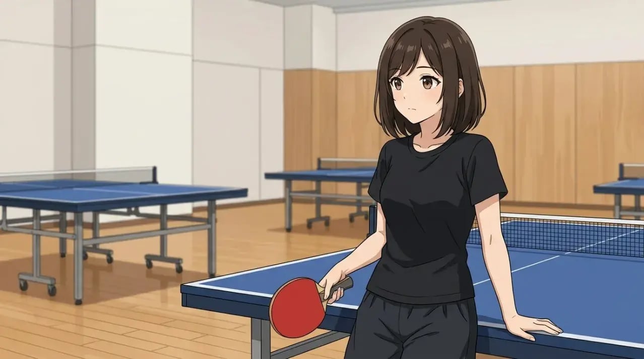 卓球台に寄りかかり、戦術を考える若い女性選手