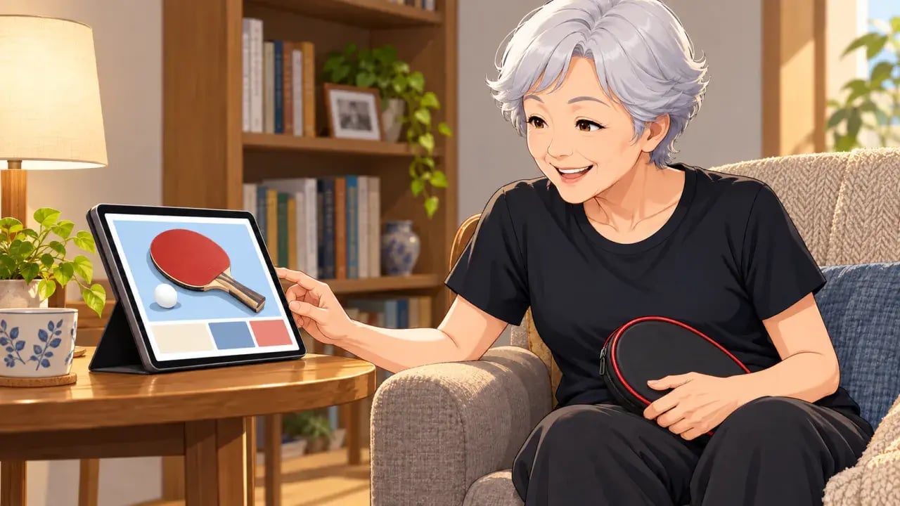 タブレットで卓球用具を見つけて喜ぶ女性